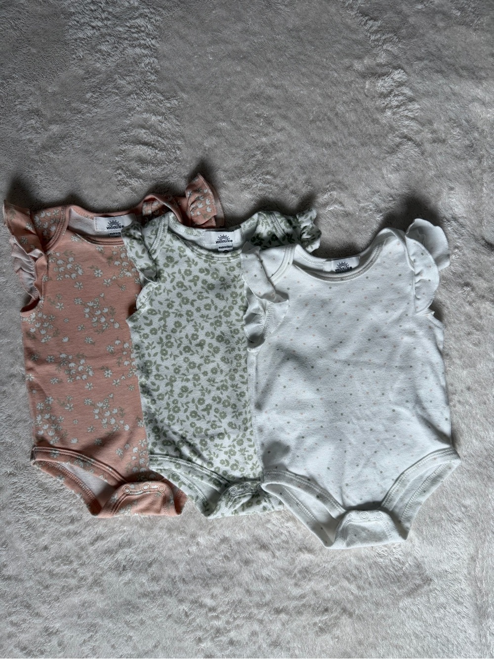 3-Pack Baby Girls Flutter-Sleeve One-Pieces in Peach, Sage, and White
